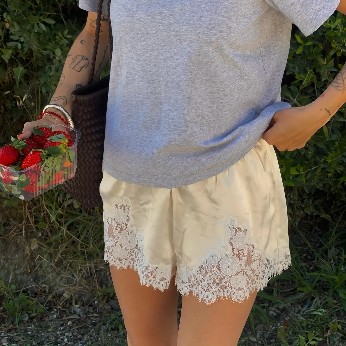 SOERA Dominique Satin Silk Lace Shorts - Bottoms - 1005009725980107-;rX1768905117484463365 Dark Brown white lace S