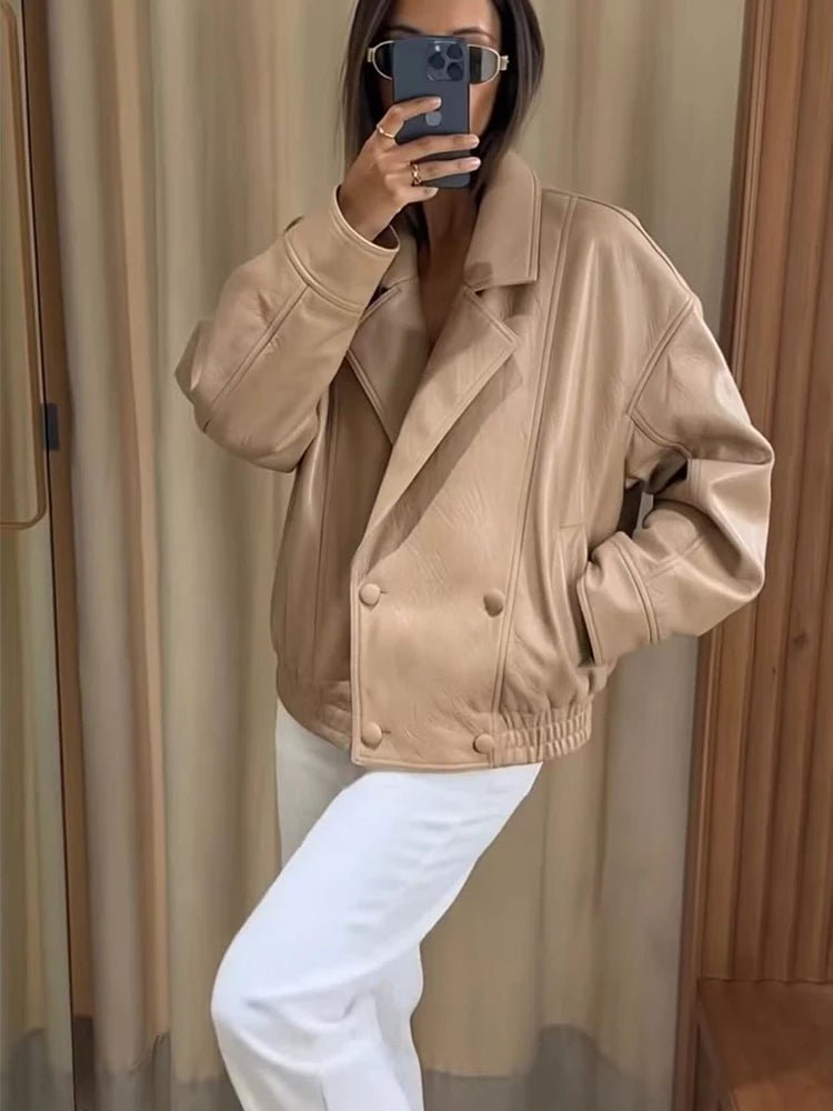 SOERA Audrey Double Breasted Faux Leather Coat - Coat - SOERA-511491-1-L-55747 Beige L