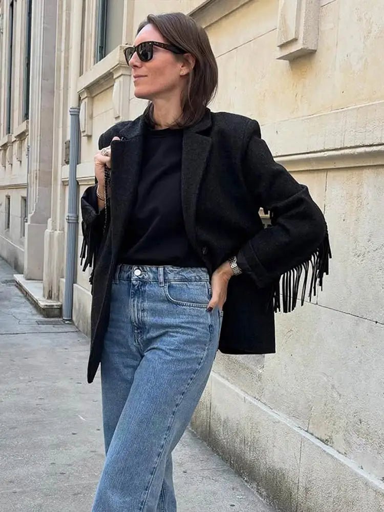SOERA Marcelle Fringed Blazer Jacket - Coats & Jackets - 1005010340456789-;px1770053333910830978 Black S