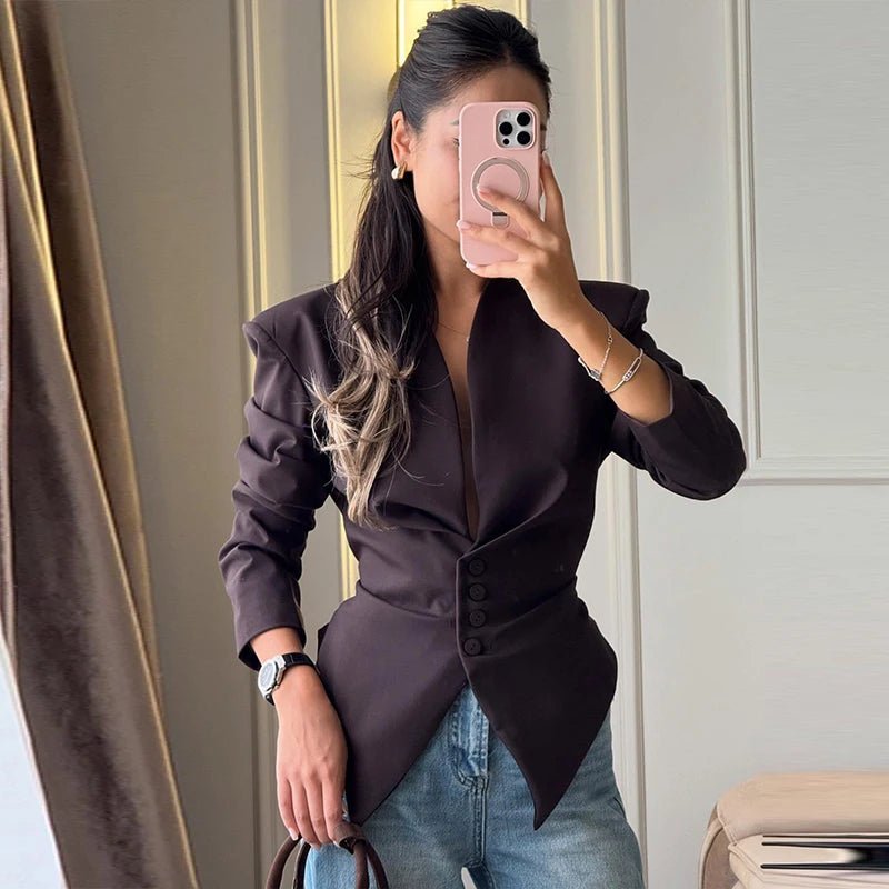 SOERA Tricia Structured Shoulder Cinched Blazer - Coats & Jackets - 1005011660132024-;qf1772045930022570680 Brown S
