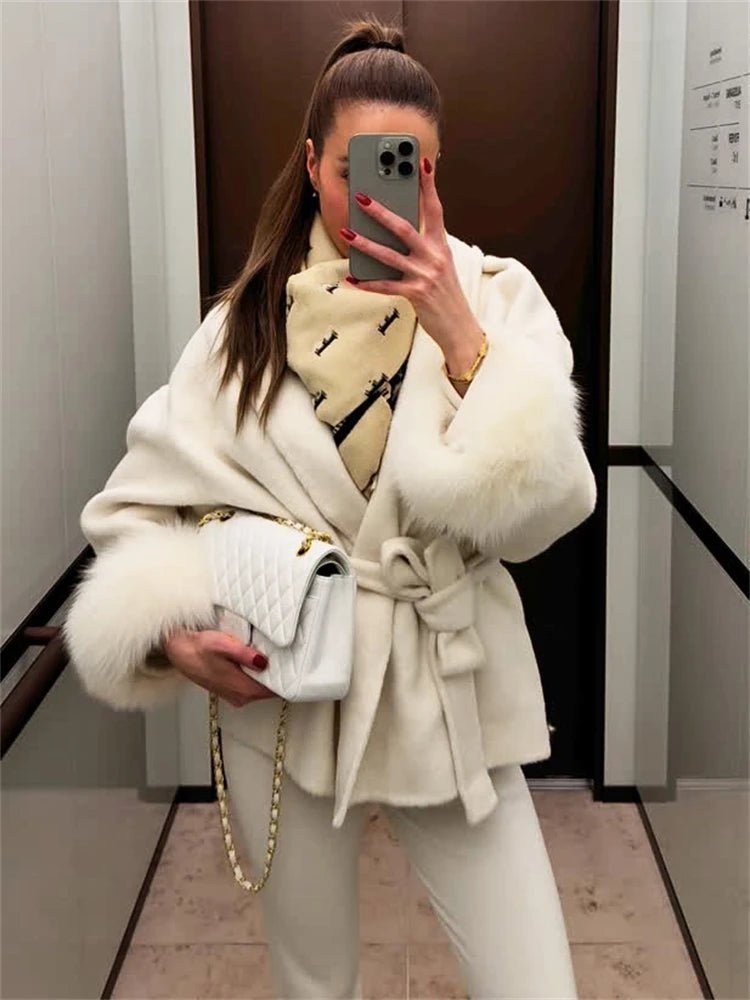 SOERA Wool Wrap Coat with Fox Fur Cuff - Coats & Jackets - 3256809512722732-;qf1766845283309419072 Short Burgundy L