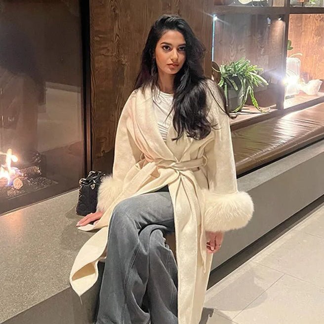 SOERA Wool Wrap Coat with Fox Fur Cuff - Coats & Jackets - 3256809512722732-;qf1766845283309419072 Short Burgundy L