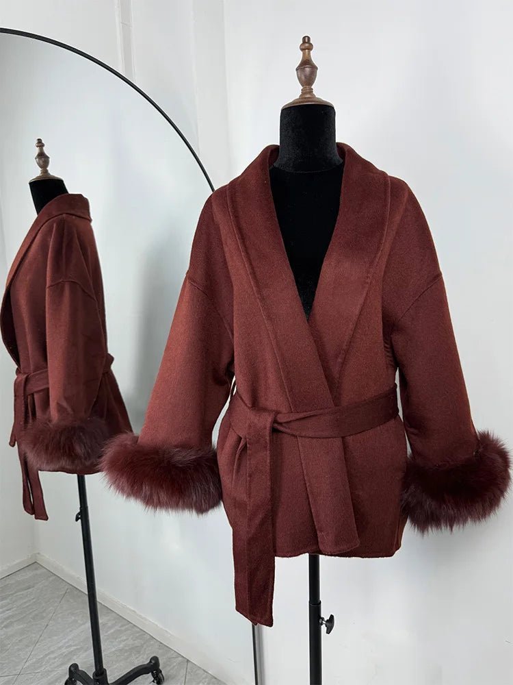 SOERA Wool Wrap Coat with Fox Fur Cuff - Coats & Jackets - 3256809512722732-;qf1766845283309419072 Short Burgundy L
