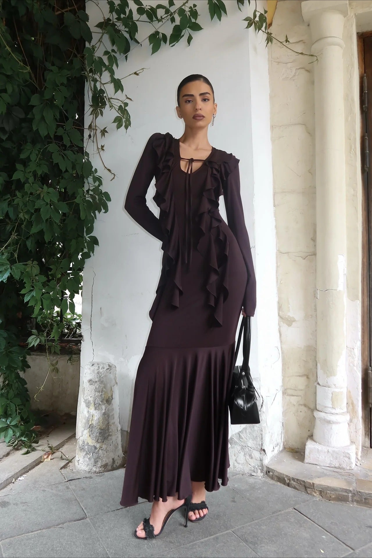 SOERA Arielle Ruffled Long - Sleeve Maxi Dress - Dress -  Brown S