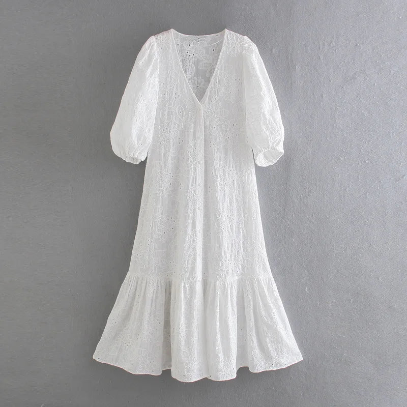 SOERA Beatrice V - Neck Embroidered Maxi Dress - Dress -  White XS
