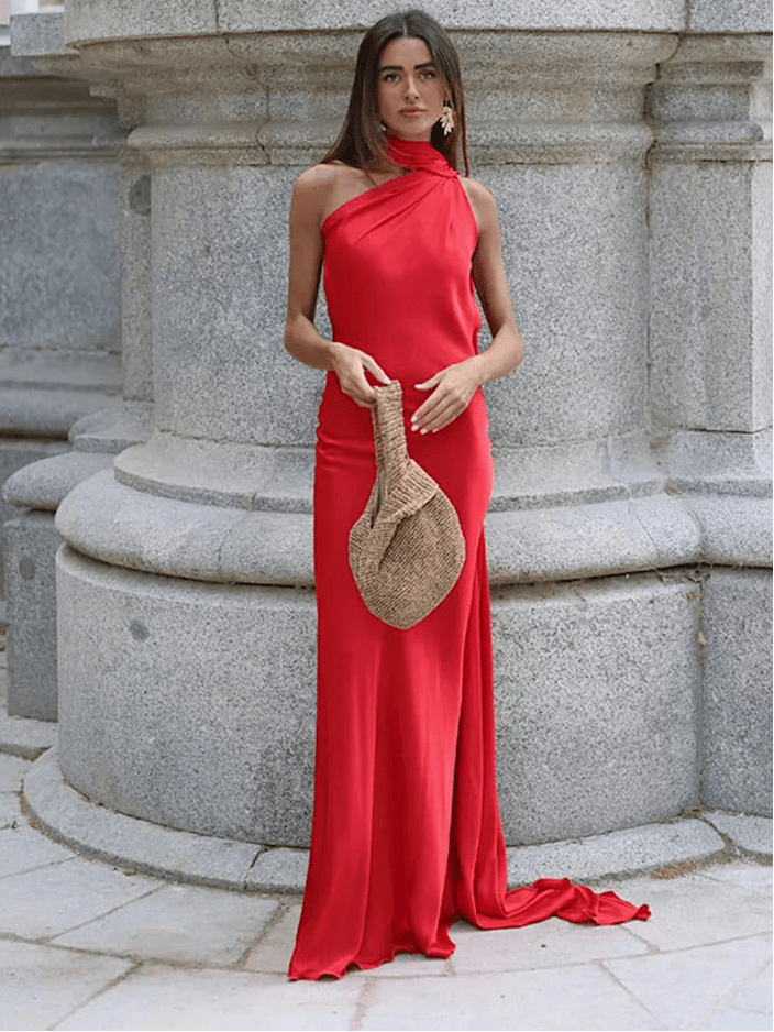 SOERA Demetra Satin Halter Backless Evening Gown - Dress -  Red S