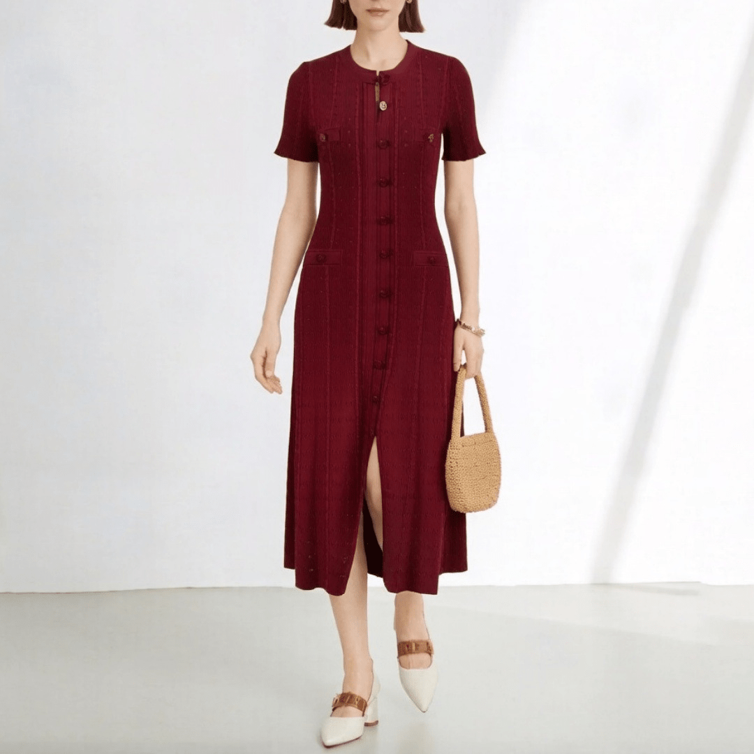 SOERA Hannelore French V - Neck Knitted Slit Dress - Dress -  Burgundy XS
