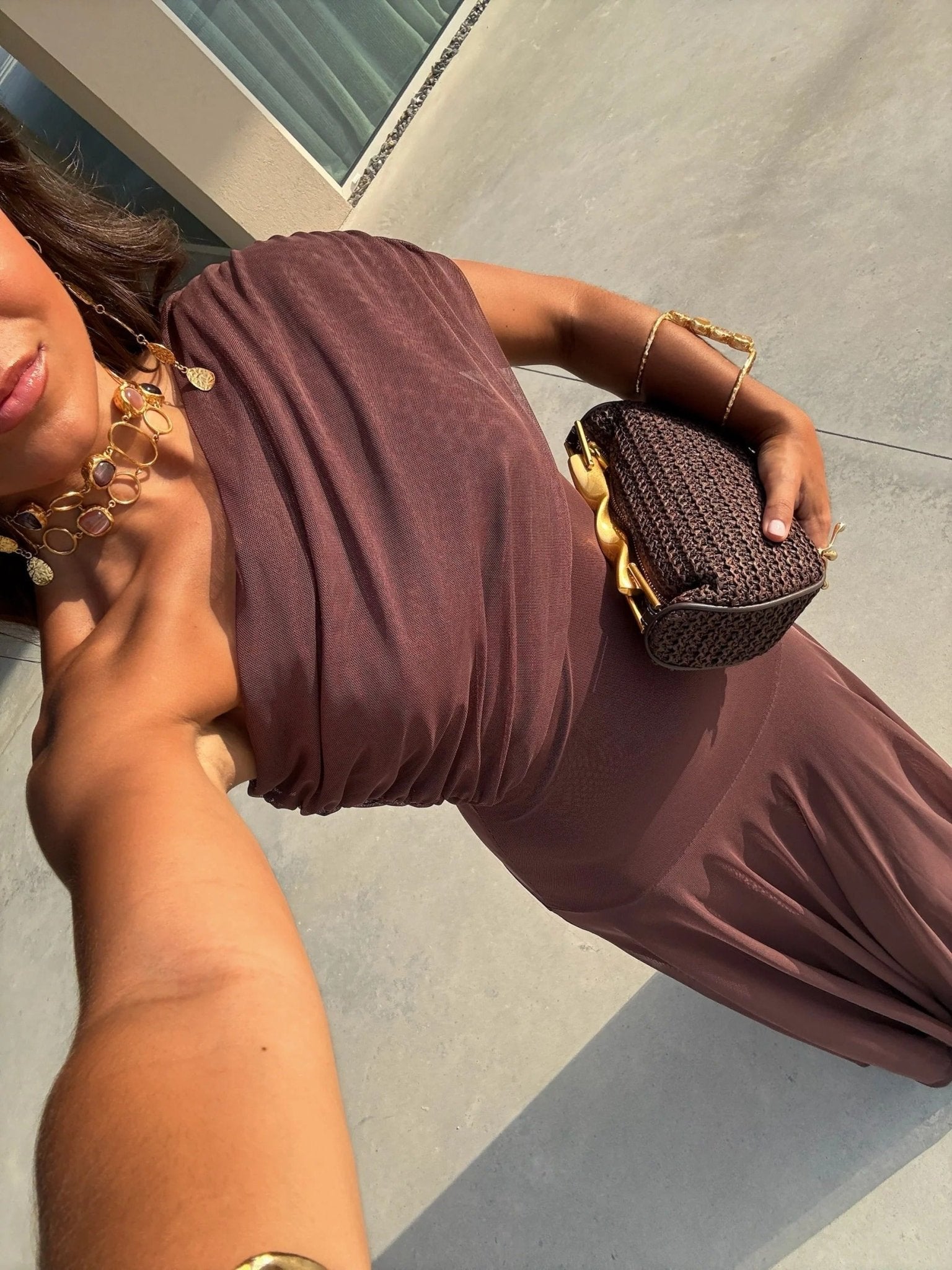 SOERA Sienna Off-Shoulder Ruched Maxi Dress - Dress - SOERA-616515-S-BROWN-71651 Brown S