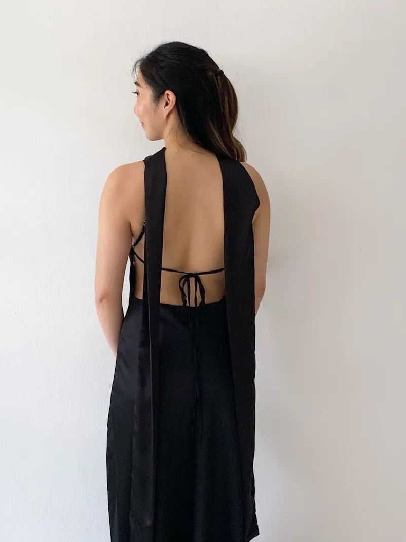 SOERA Astraea Satin Maxi Dress with Scarf - Dresses -  Black XS