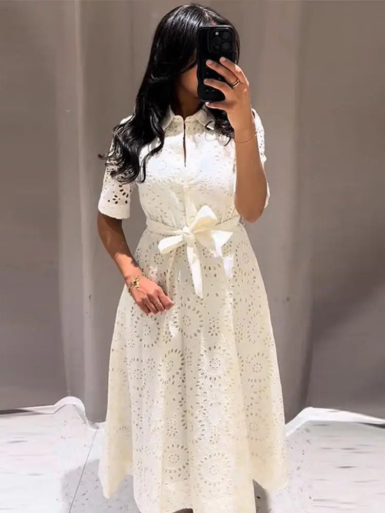 SOERA Merida Embroidered Belted Midi Dress - Dresses -  White XS