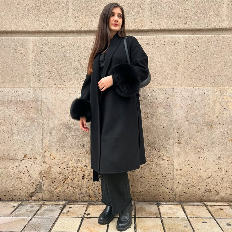 SOERA Wool Wrap Coat with Fox Fur Cuff - Jackets - 3256809512722732-;DJ1766845283311139637 Long Black S