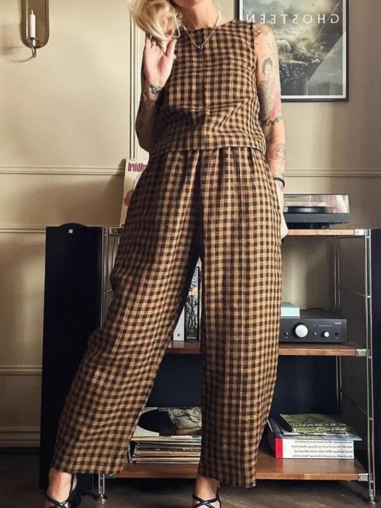 SOERA Zara Plaid Sleeveless Vest Nine Point Pants Set - Jumpsuits & Rompers -  Blue S