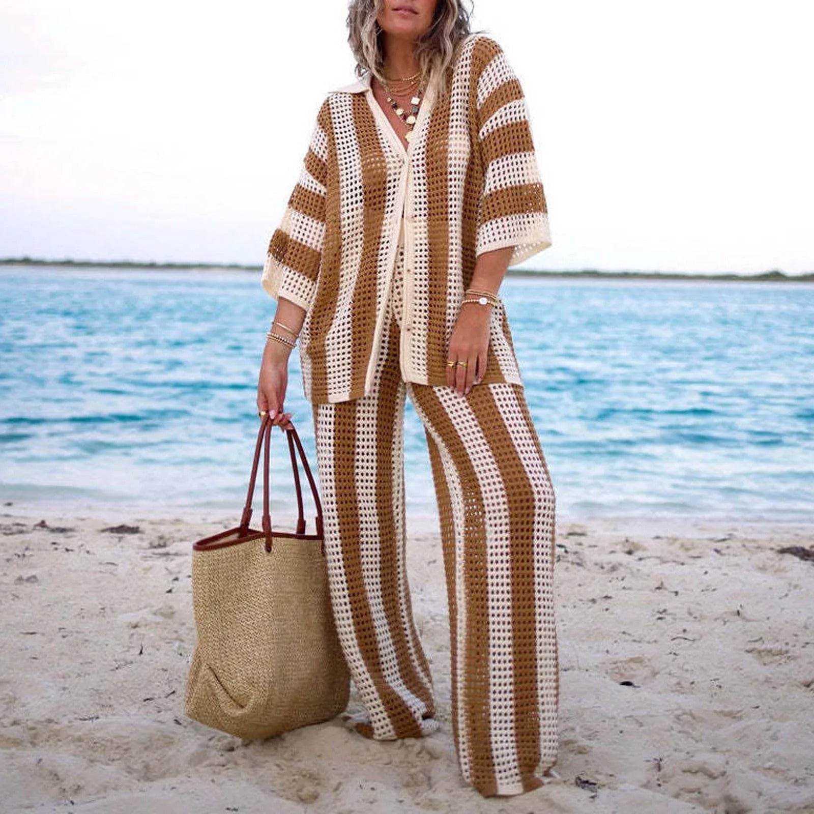 SOERA Carmen Striped Crochet Co-Ord Set - Matching Sets - SOERA-750403-S-KHAKI-49091 Brown S