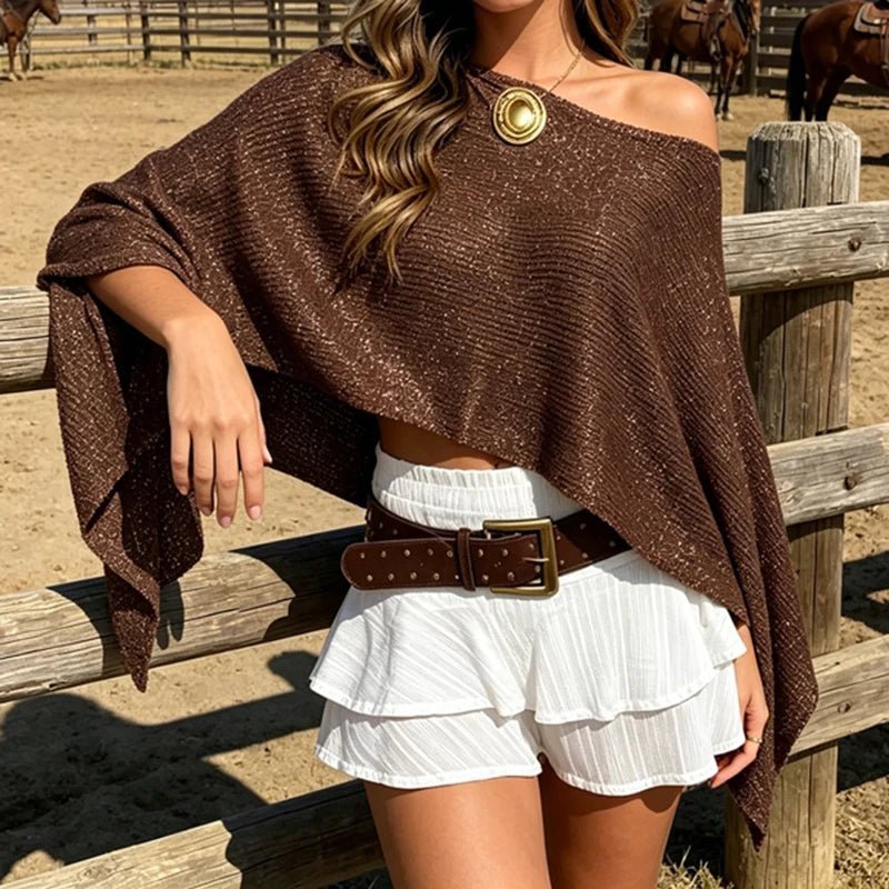 SOERA Bianca Shimmer Off-Shoulder Poncho Cape - Poncho -  Black