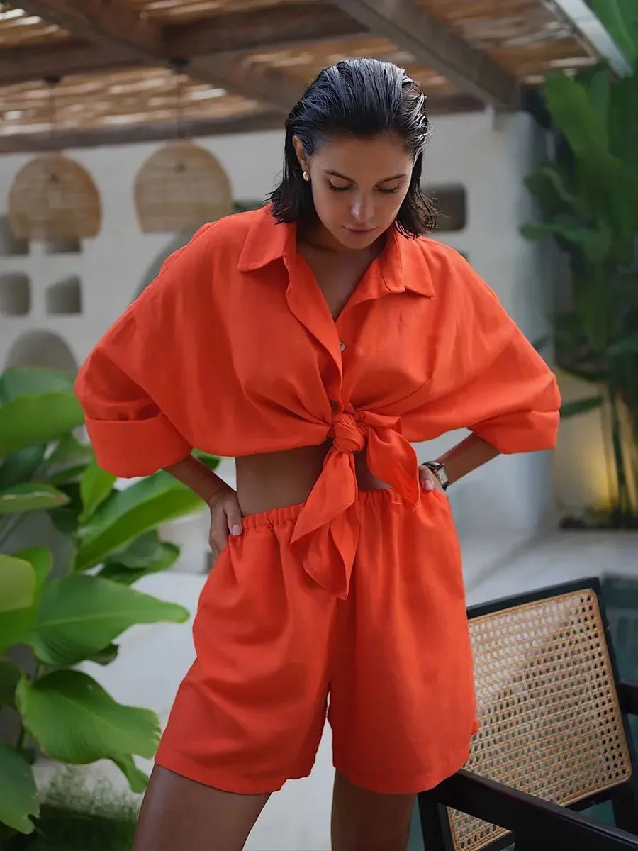 SOERA Sally Lapel Lantern Sleeve Shorts Set - Set - 1005006947356468-;DD1776063208018818316 Orange S