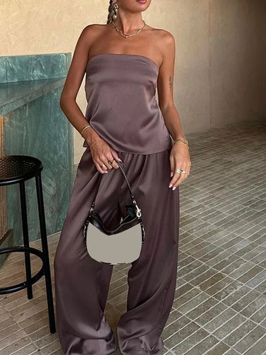 SOERA Chandra Satin Wide Leg Set - Sets - nC1774977143774764668 Taupe S