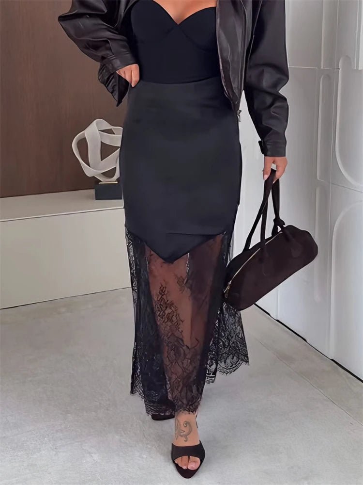 SOERA Diane Satin Lace Maxi Skirt - Skirts - 3256809822824212-;AW1765494891640376230 Black S