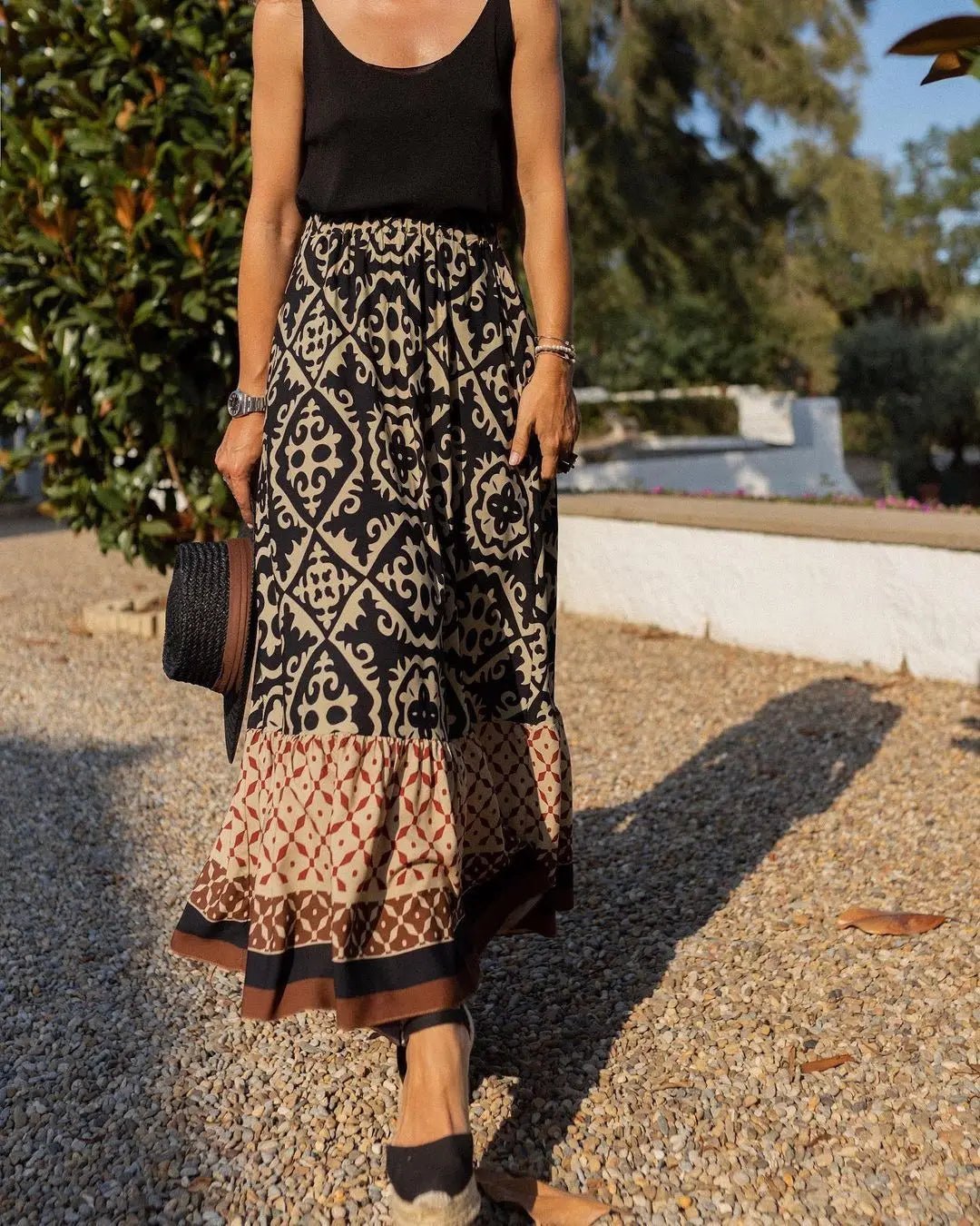 SOERA Zara Boho Printed Midi Swing Skirt - Skirts -  Olive S
