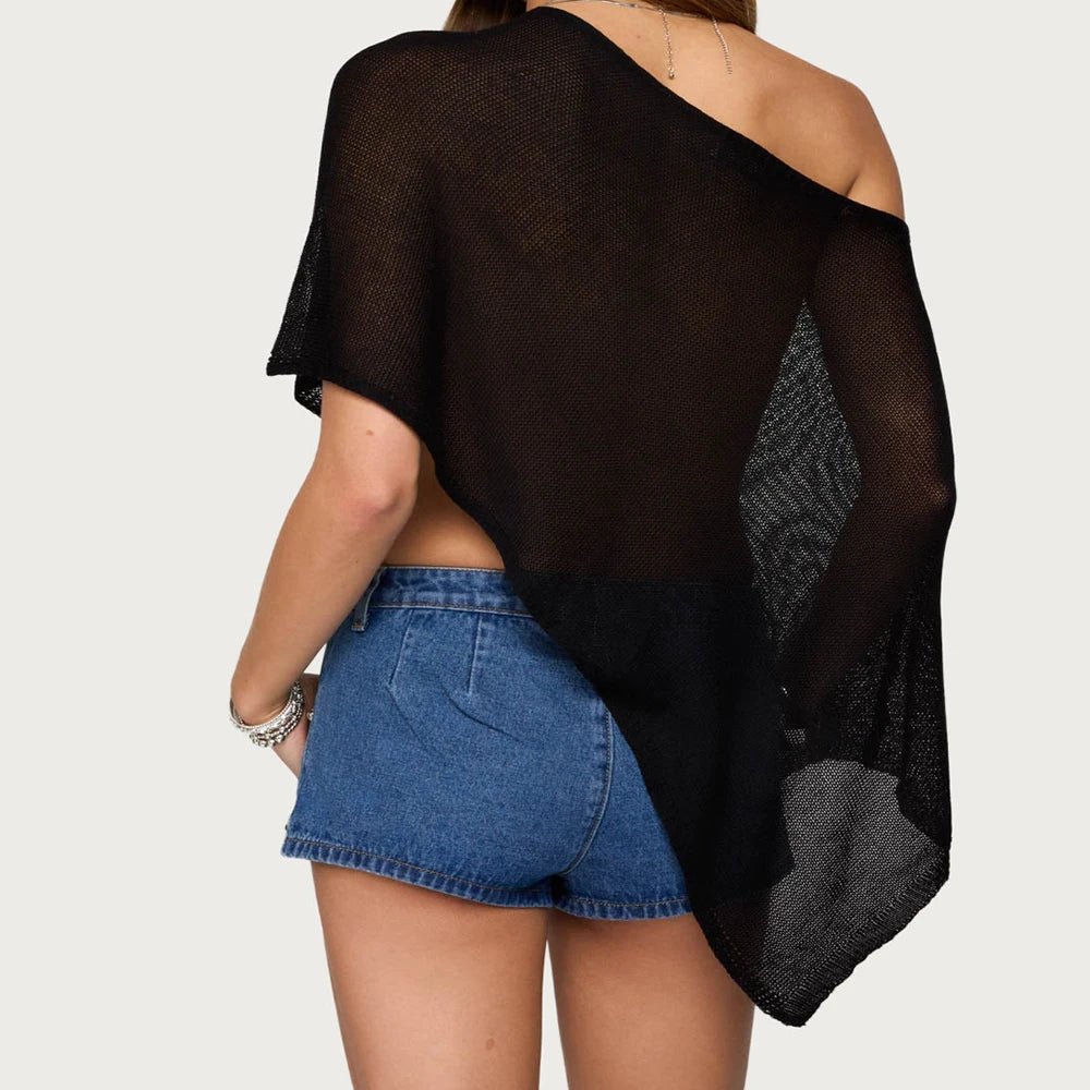 SOERA Jade Asymmetrical Sheer Poncho Top - Sweaters & Cardigans - 1005009531563971-;Cp1771345061948798622 Black S