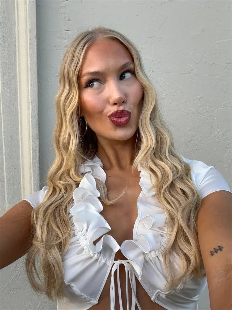 SOERA Bianca Ruffled Lace - Up Cropped Tank - Top -  White S