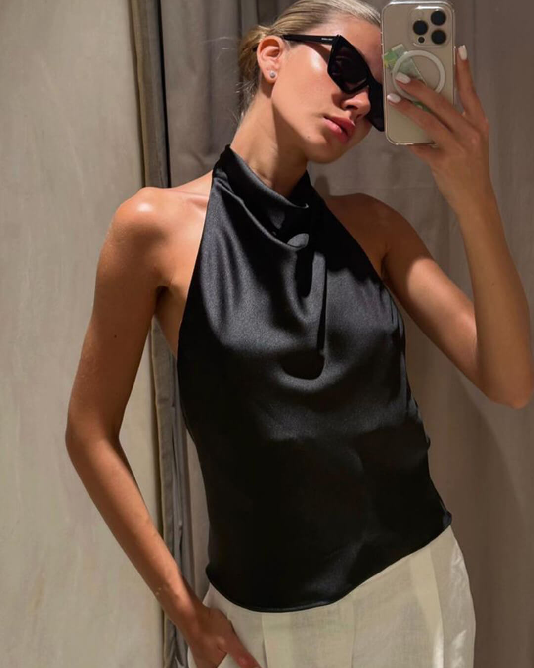 SOERA Anastasia Halter Backless Satin Top - Tops - sa1764442362187310989 Black XS