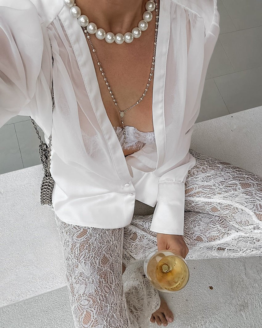 SOERA Elisa Deep Neck Sheer Button Blouse - Tops - ep1770344797580382529 L