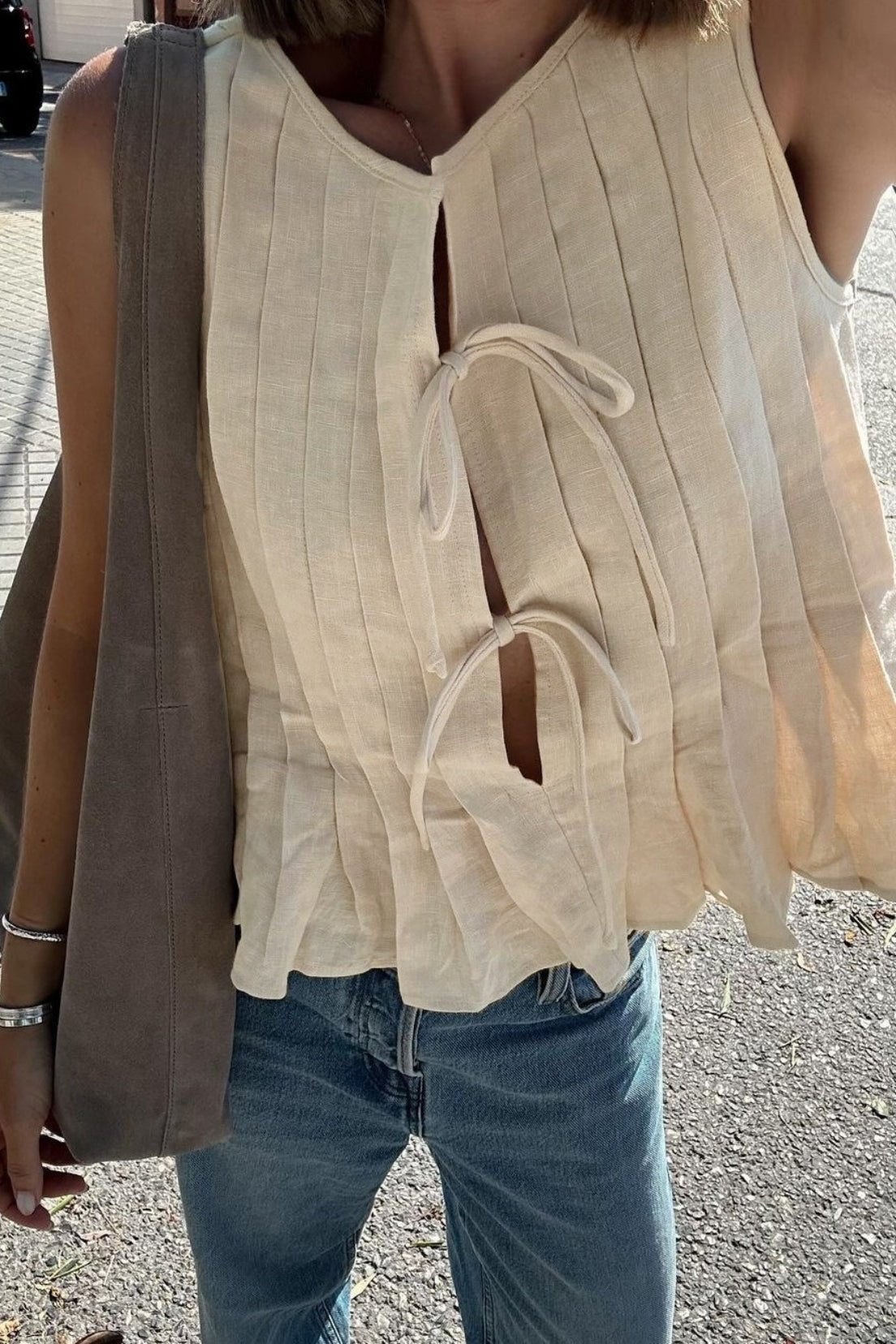 SOERA Honora Ruffle Hem Tie - Front Top - Tops -  Beige XS