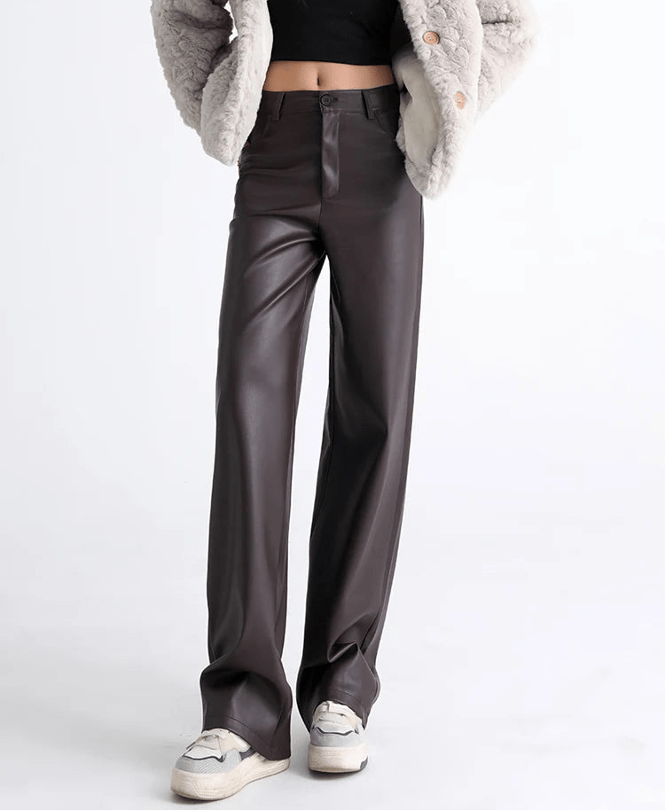 SOERA Giselle High Waisted Leather Pants - Trousers - 1005009872666185-;hY1762998399401204977 Coffee S